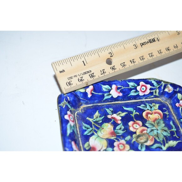 Vtg Chinese Enamel  Dish Flaws 4" Hand painted blue floral crazing rectangle - Picture 3 of 7